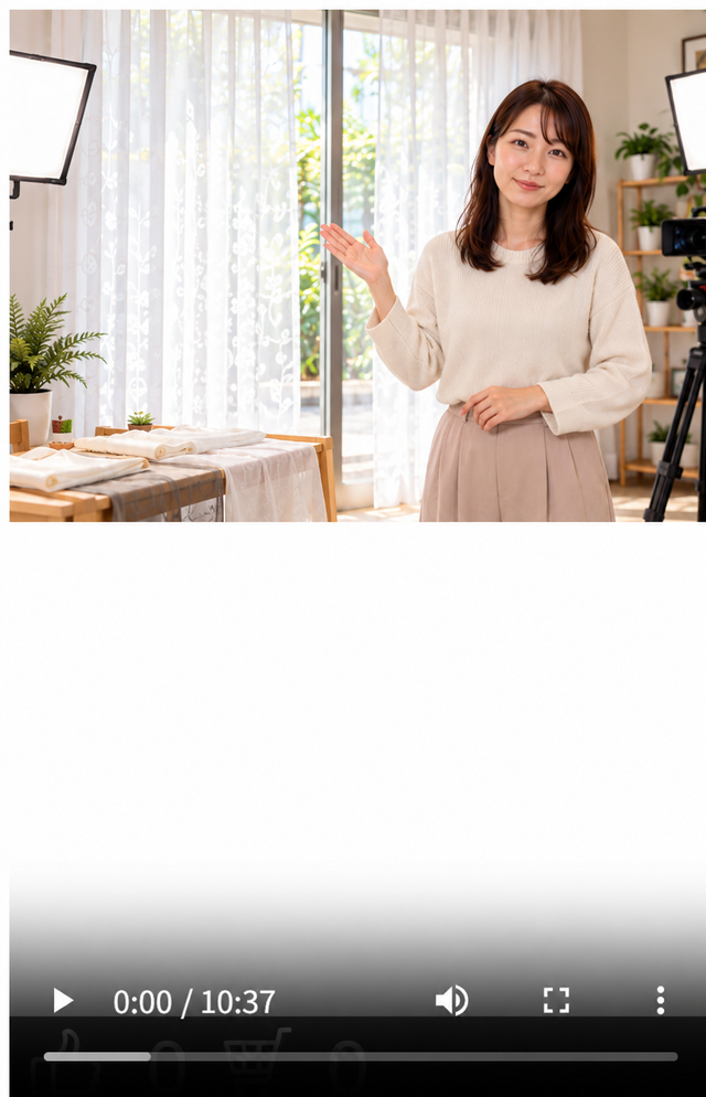 商品ページのライブ配信の録画。縦長の映像の下に、再生ボタン・再生時間・音量・全画面のボタンと再生位置のバーがある